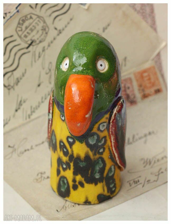 Kolorowa figurka papugi z gliny szamotowej - ceramika handmade ok. 12,5 cm