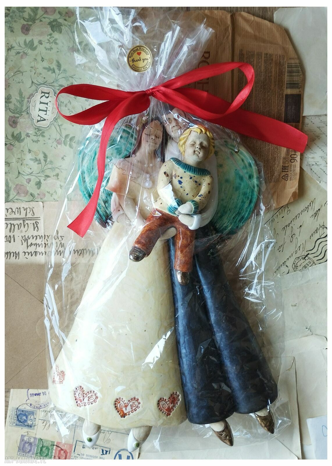 Para anielska z dzieckiem - ceramiczna figurka handmade na ślub