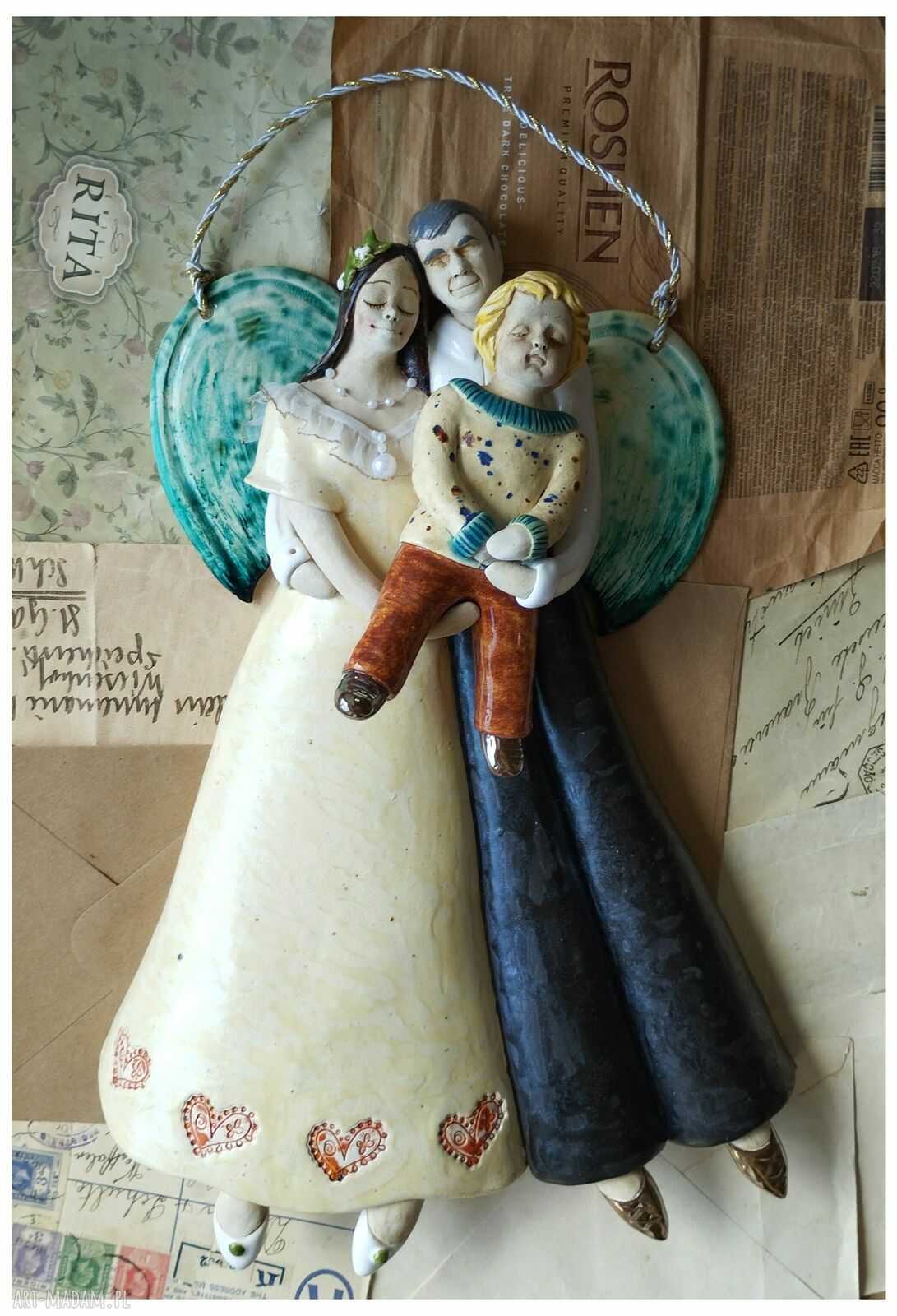 Para anielska z dzieckiem - ceramiczna figurka handmade na ślub