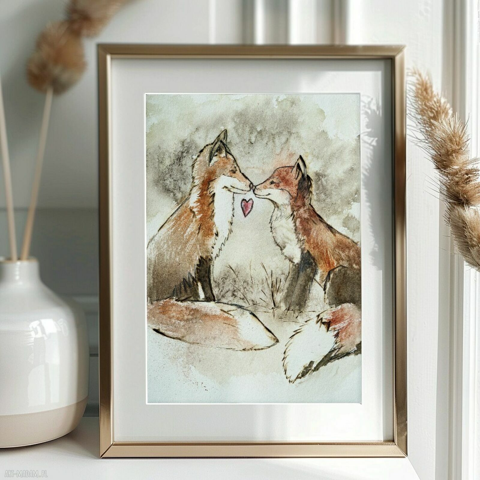 Para lisów - urocza akwarela ręcznie malowana w passe-partout 30x40 cm