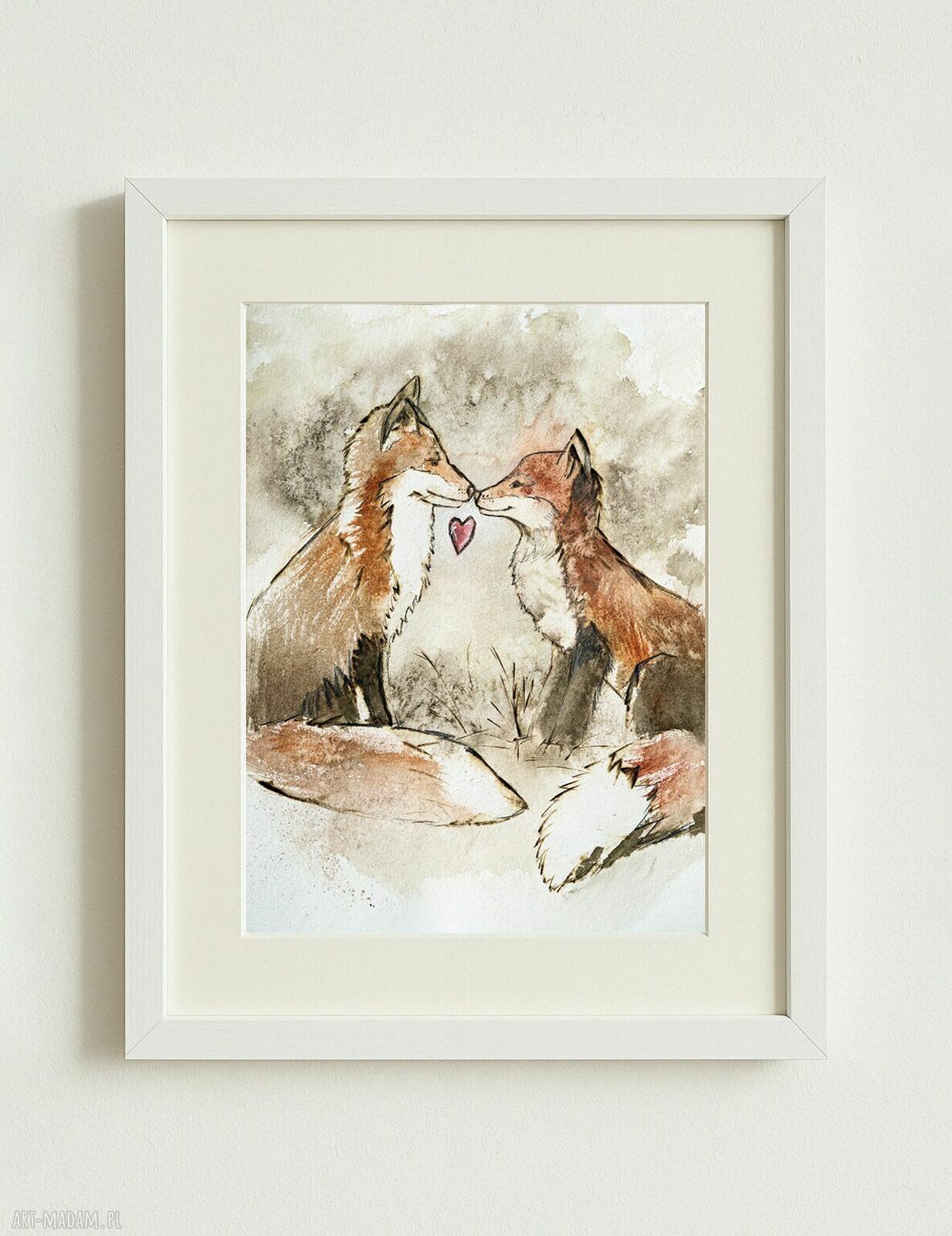 Para lisów - urocza akwarela ręcznie malowana w passe-partout 30x40 cm