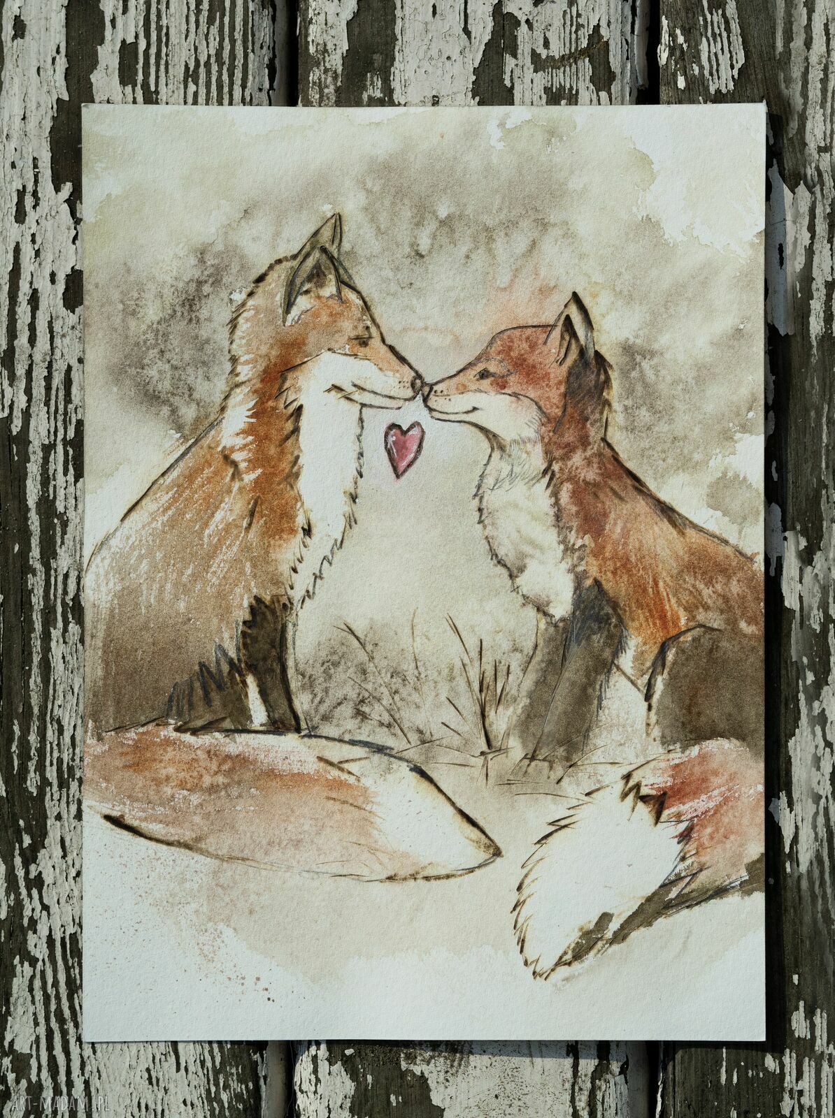Para lisów - urocza akwarela ręcznie malowana w passe-partout 30x40 cm