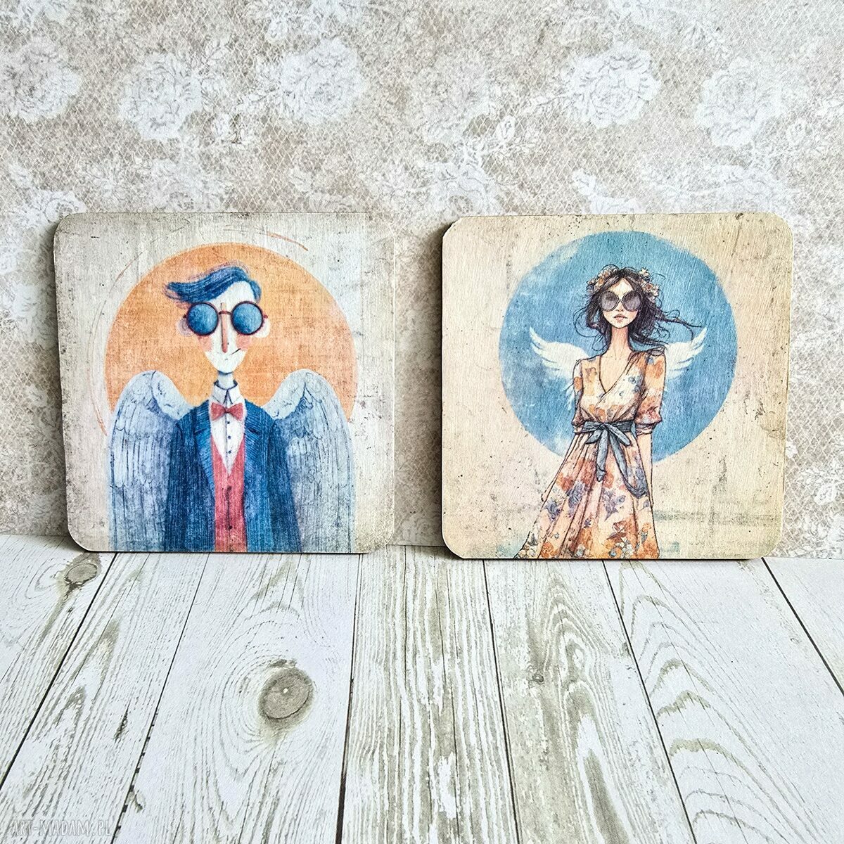 Para podkładek drewnianych Anielski duet 10x10 cm - dla pary