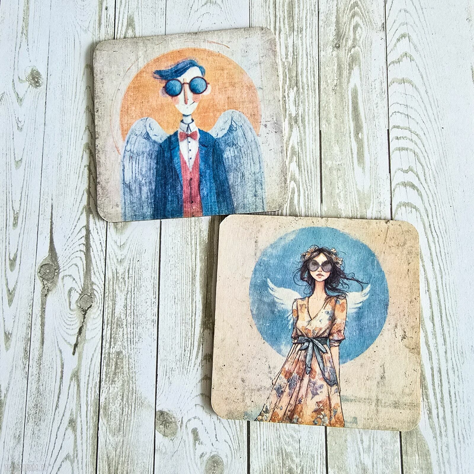 Para podkładek drewnianych Anielski duet 10x10 cm - dla pary