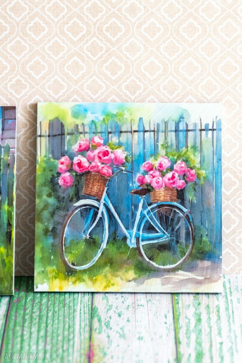 Para podkładek Rowerowe love - no waste, rustykalne 10x10 cm z decoupage