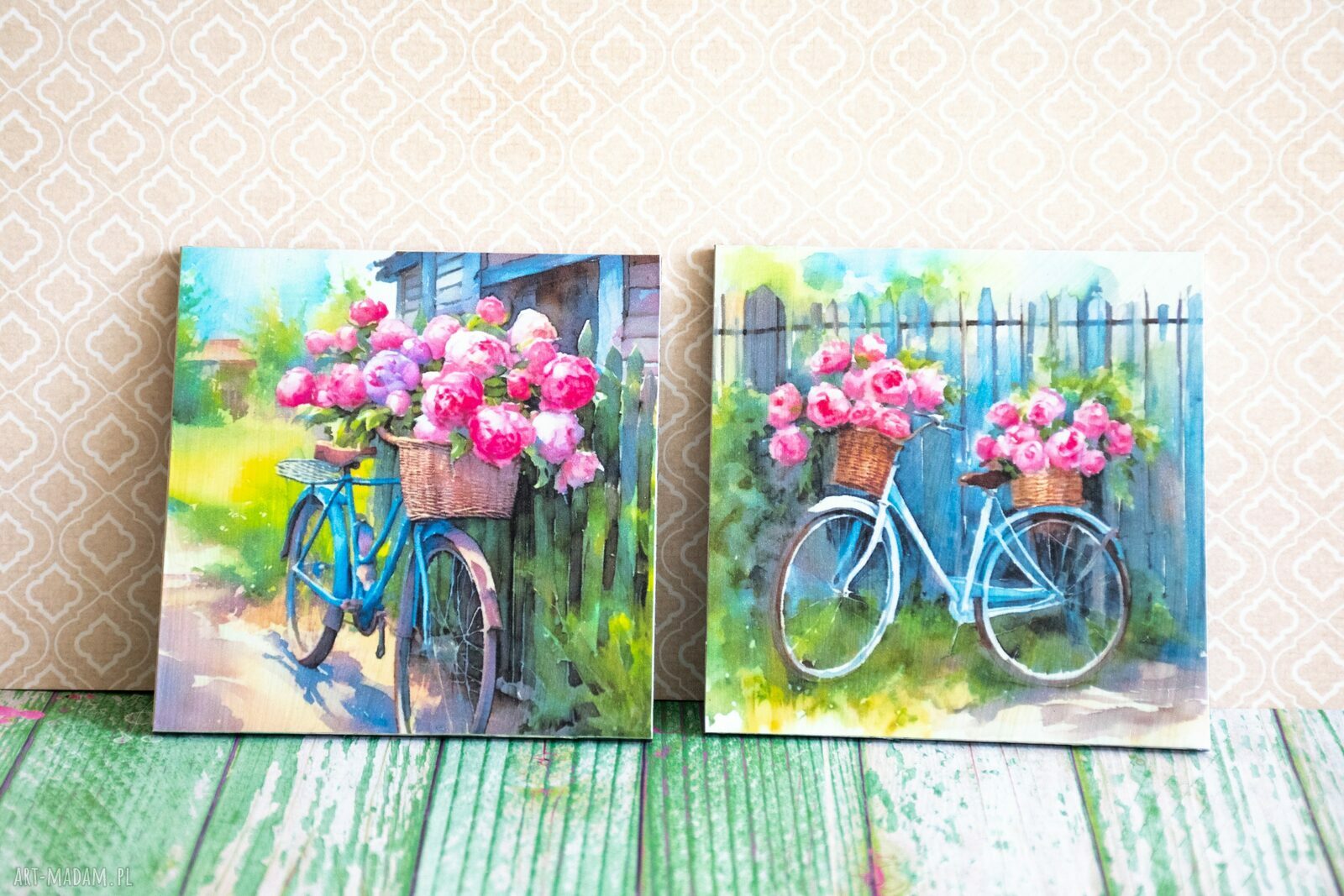 Para podkładek Rowerowe love - no waste, rustykalne 10x10 cm z decoupage
