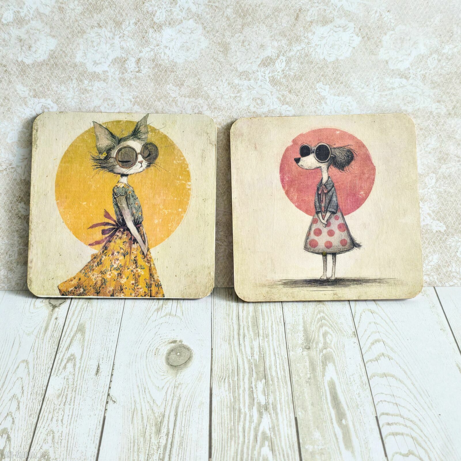 Podkładki pod kubek Przyjaciółki na zawsze 2 - para z kotem i psem retro