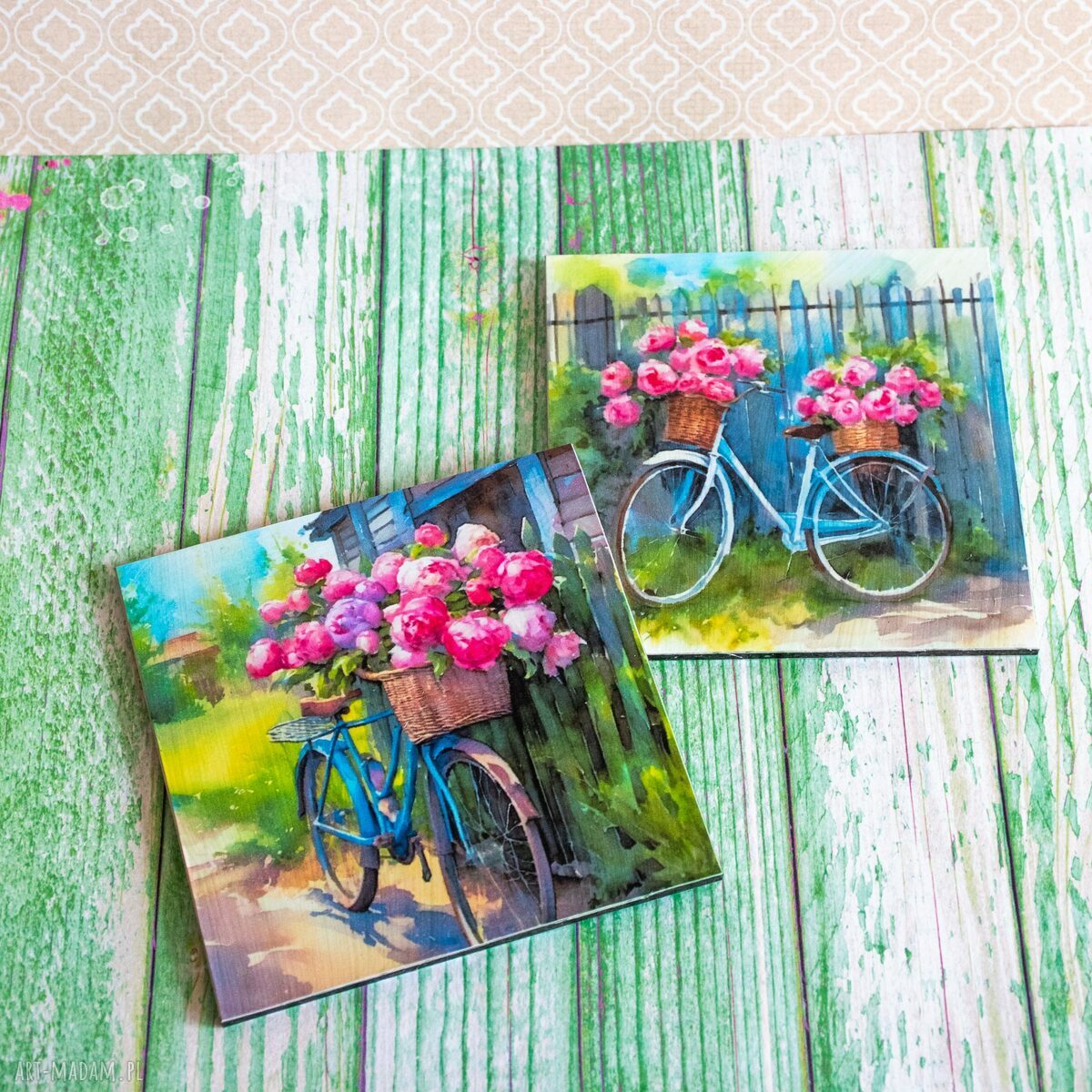 Para podkładek Rowerowe love - no waste, rustykalne 10x10 cm z decoupage