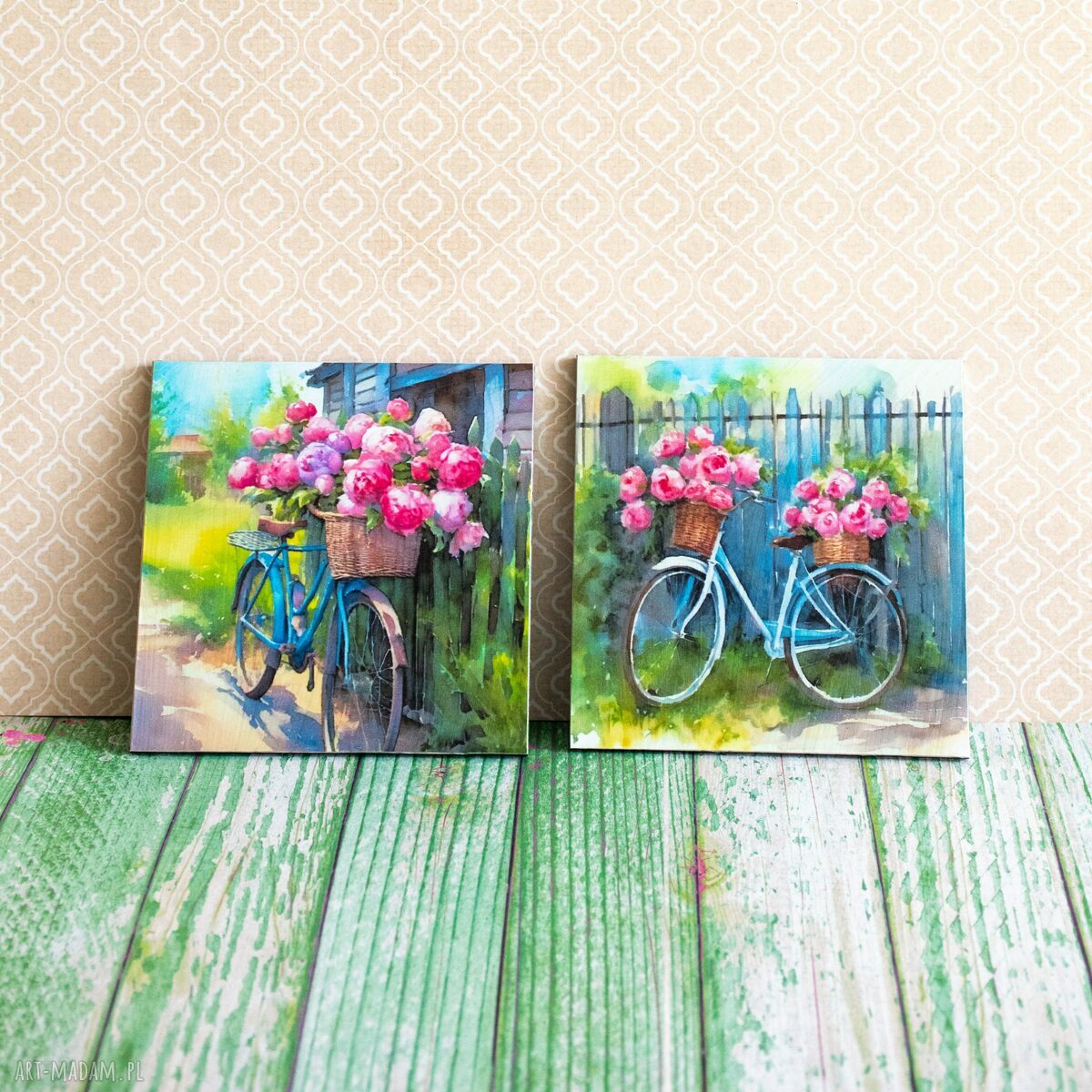 Para podkładek Rowerowe love - no waste, rustykalne 10x10 cm z decoupage