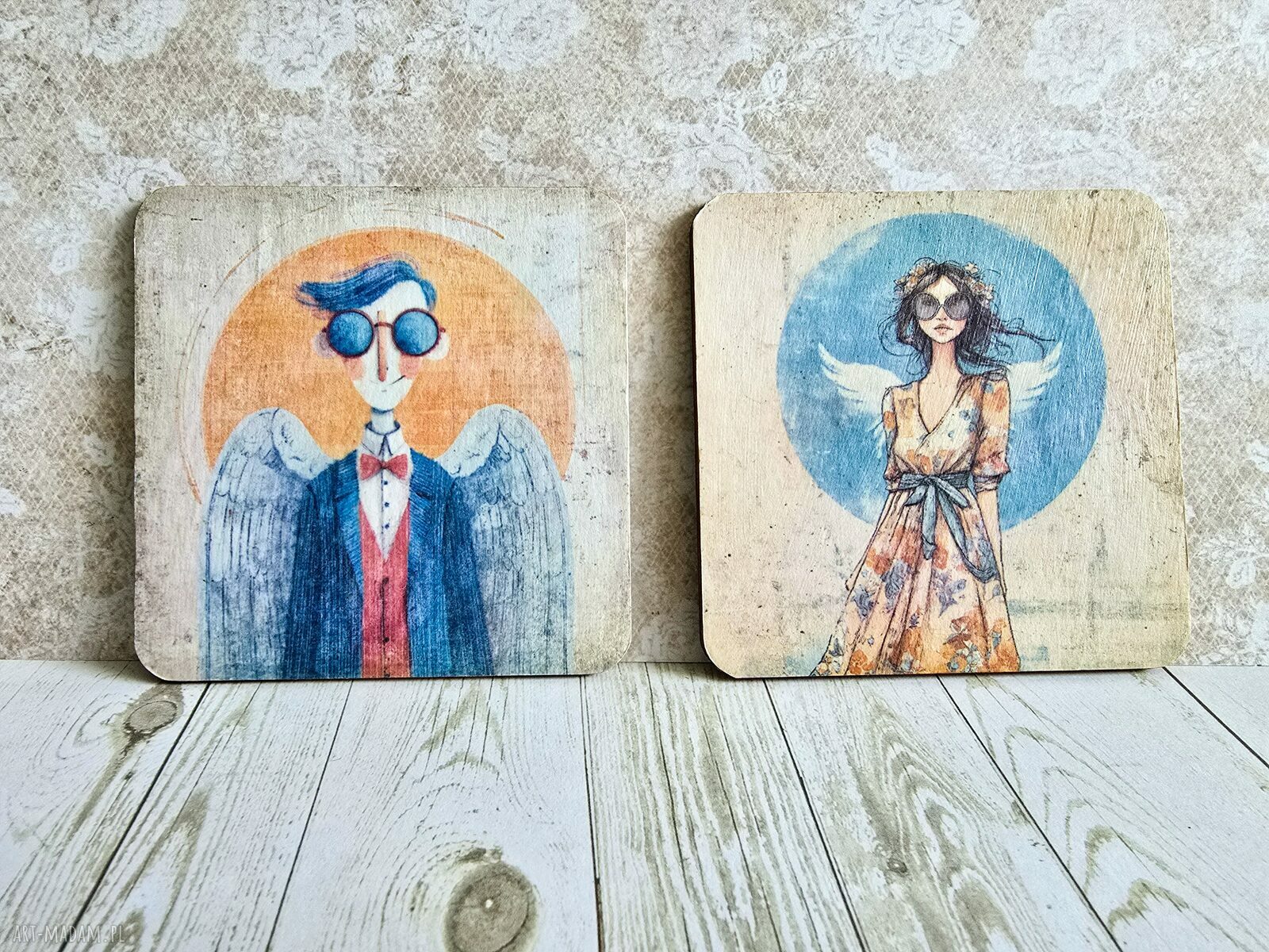 Para podkładek drewnianych Anielski duet 10x10 cm - dla pary