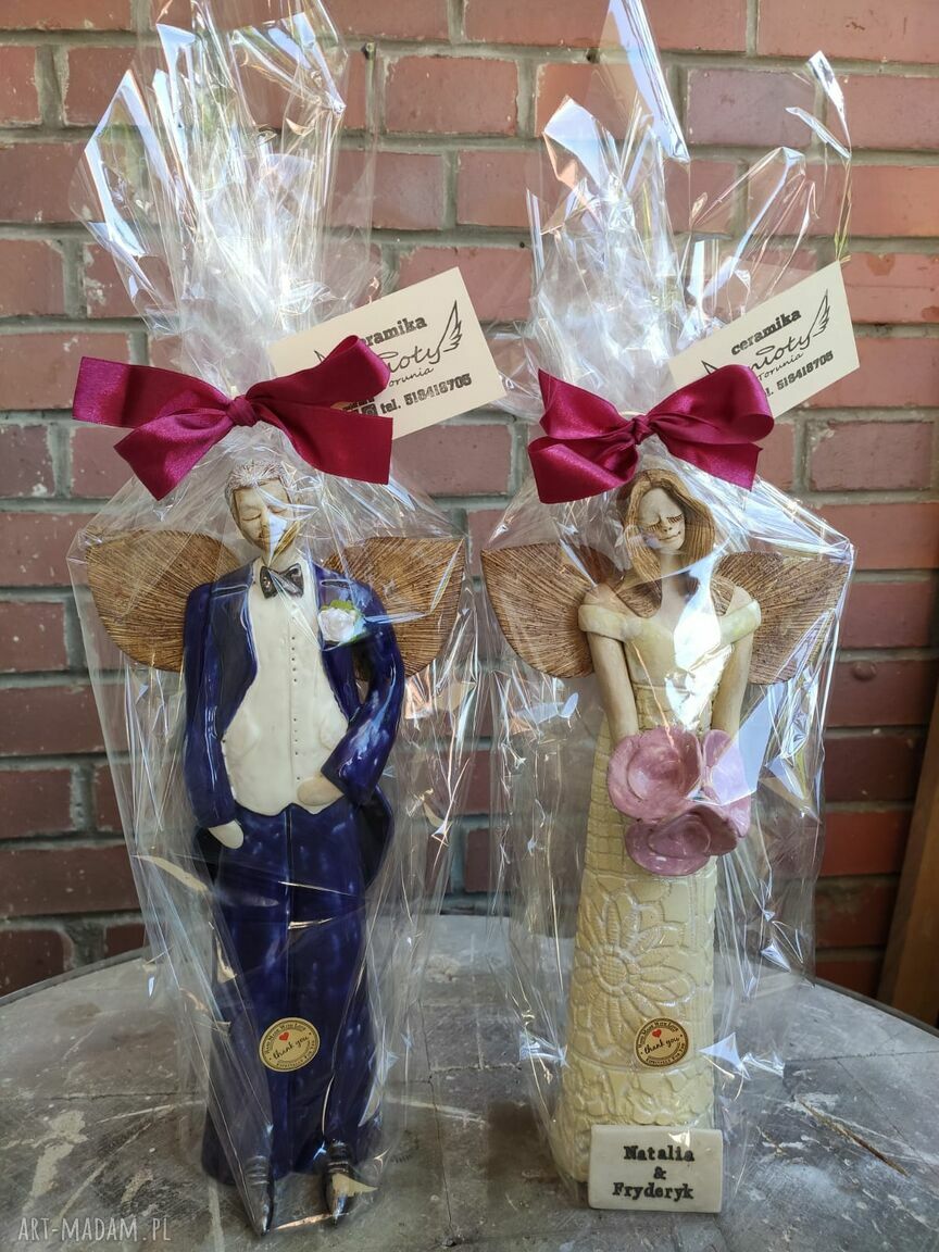 Para ślubna z tabliczką - aniołki z ceramiki handmade