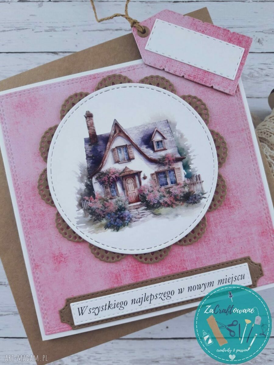 Kartka na parapetówkę z uroczym domkiem 3 - handmade scrapbooking w rustykalnym stylu
