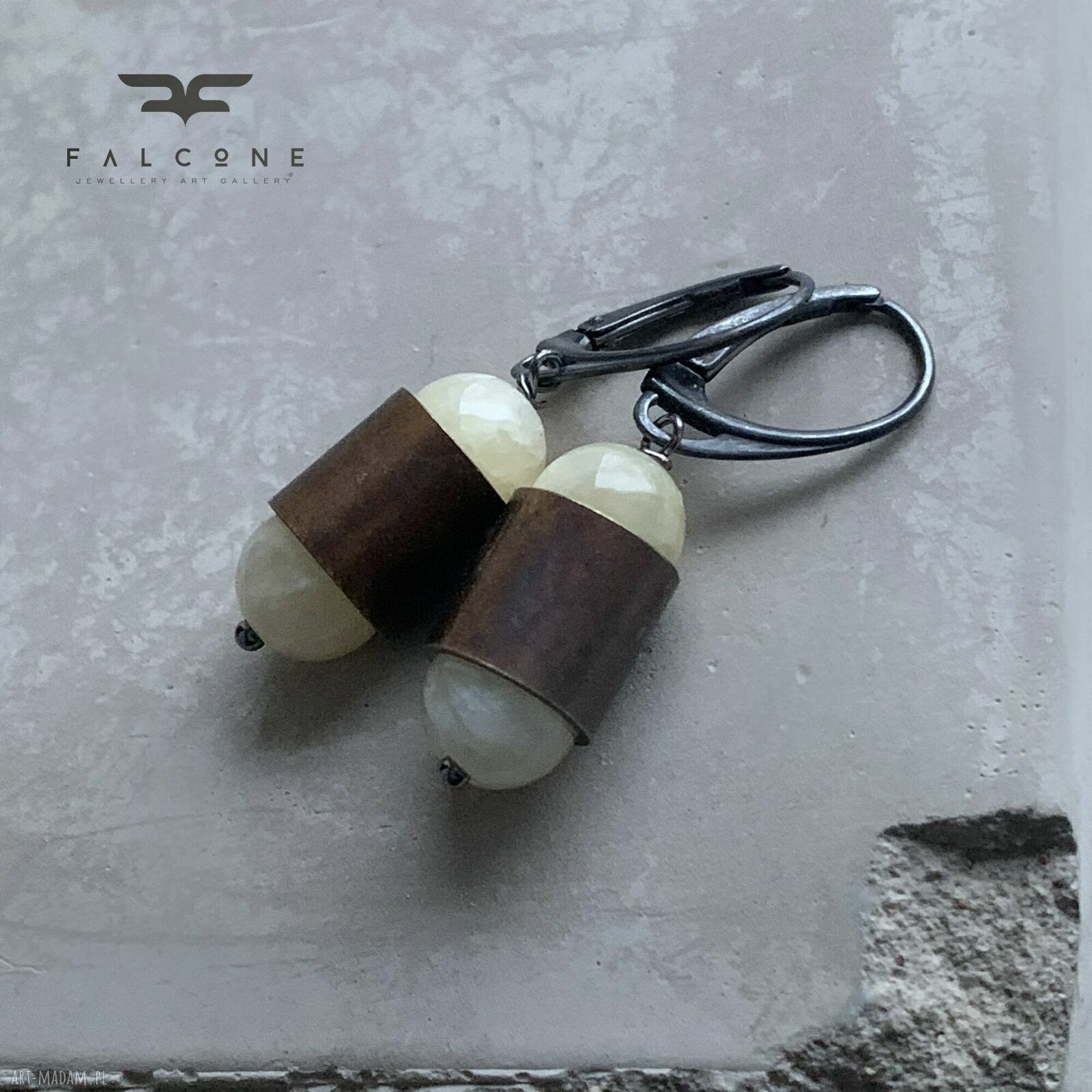 Kolczyki Pastel Yellow & Velvet Brown - jadeit w patynowanym mosiądzu (srebro 925)