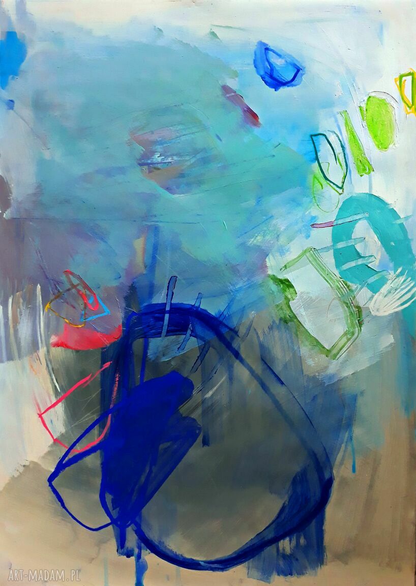 Louka - turkusowy obraz abstrakcyjny 50x70 (akryl i pastele na papierze)