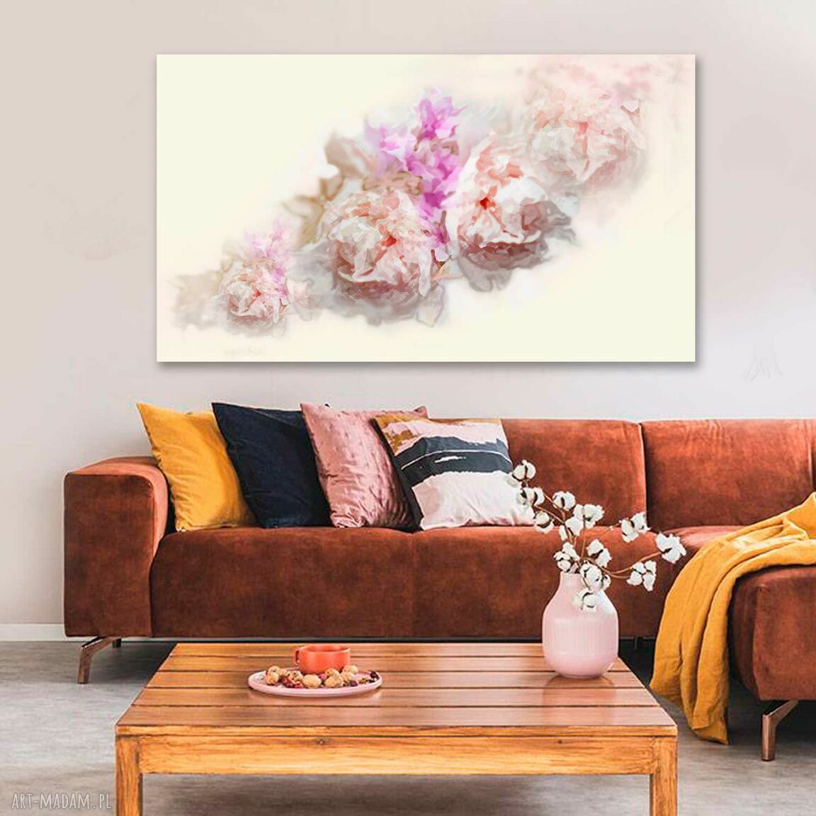 Pastelowa akwarela różowe piwonie 100 x 60 - nowoczesny obraz na płótnie
