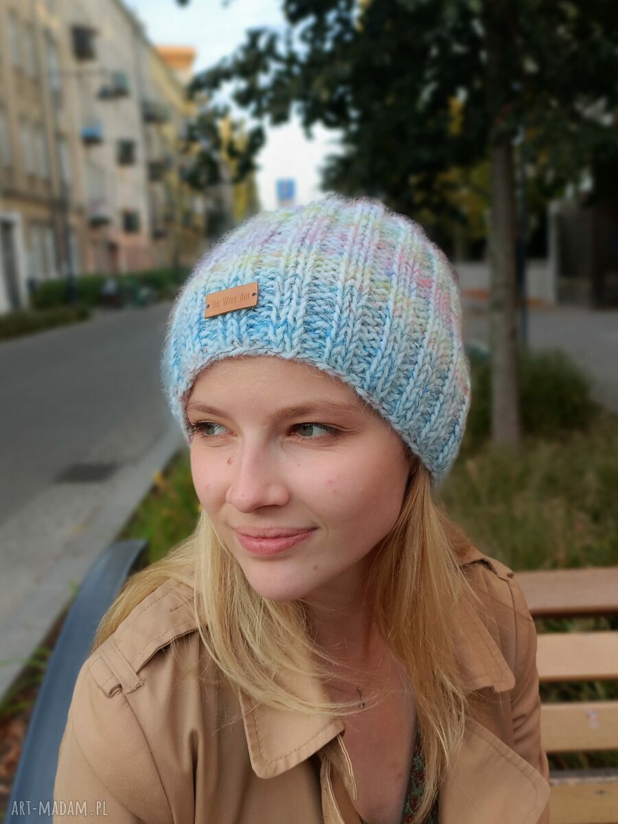 Pastelowa czapka na drutach merino, mohair i jedwab
