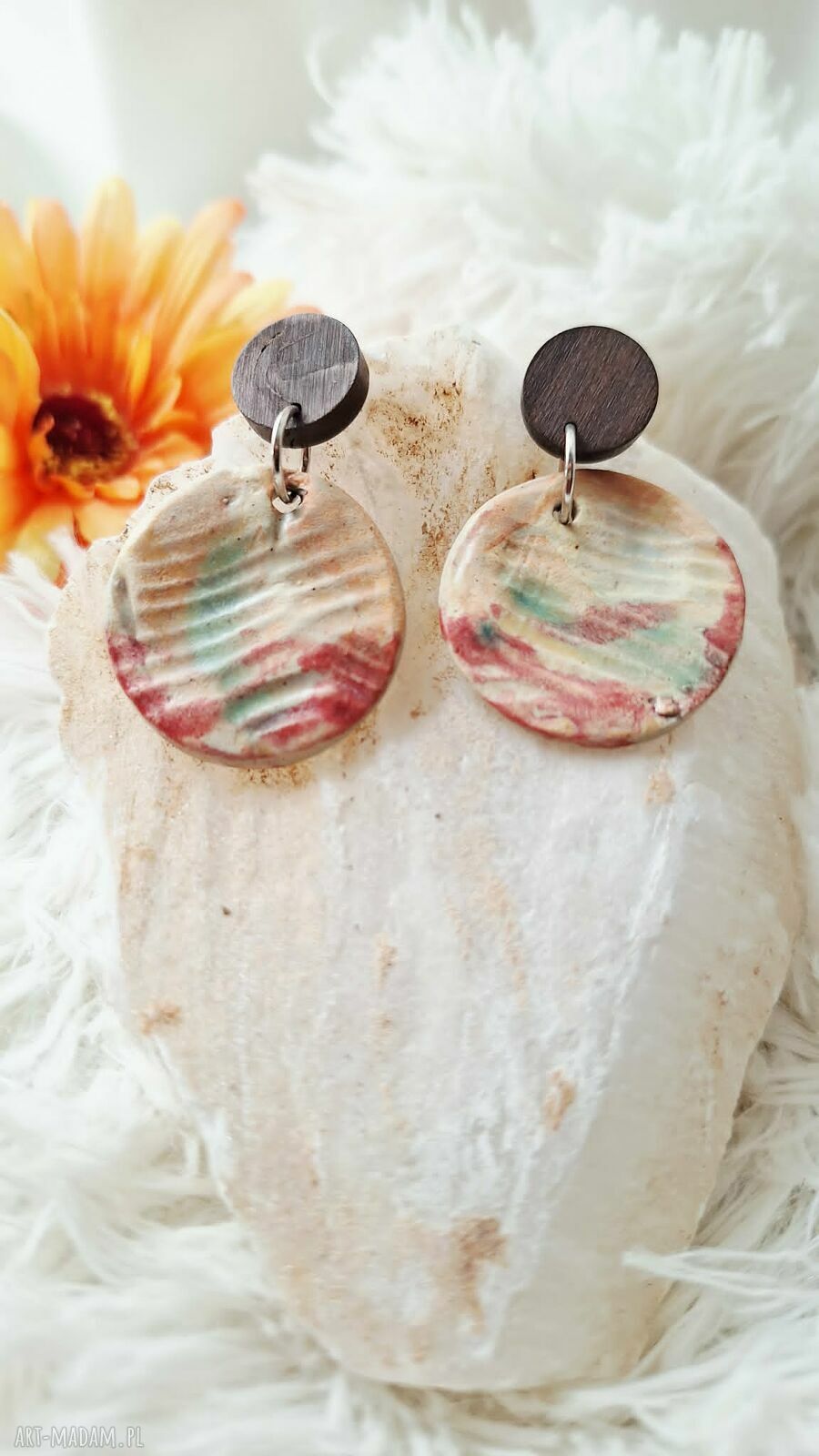 Pastelowe Akwarele kolczyki ceramiczne boho z drewnem i antyalergicznymi sztyftami