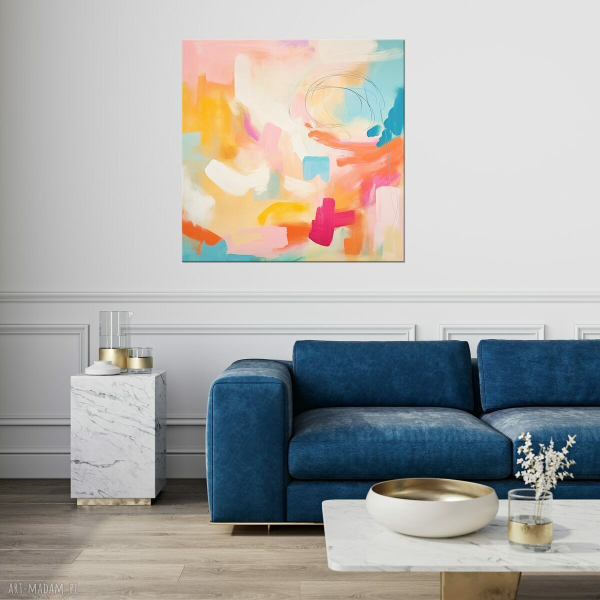 Pomarańczowy obraz abstrakcyjny w pastelach 50x50 cm - do salonu