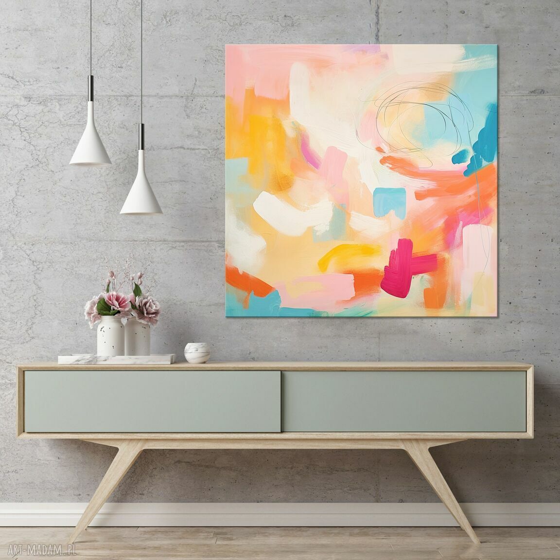 Pomarańczowy obraz abstrakcyjny w pastelach 50x50 cm - do salonu