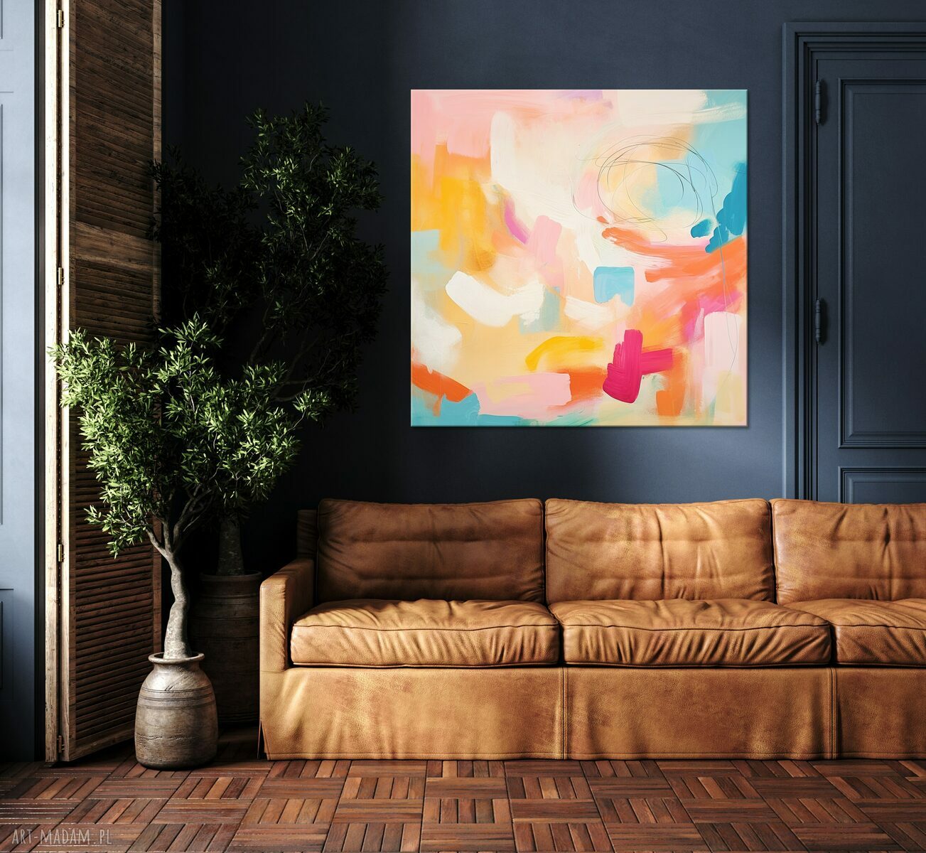 Pomarańczowy obraz abstrakcyjny w pastelach 50x50 cm - do salonu