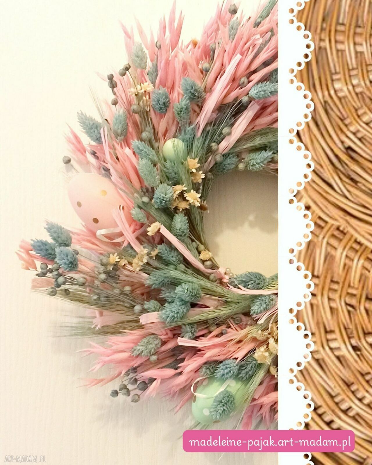 Wianek Pastelowy Ogród na drzwi - wielkanocny 45 cm (róż, mięta i błękit)