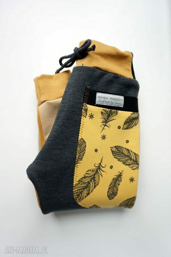 PATCH PANTS - handmade spodnie dresowe 74-98 cm z motywem piórek (ECO)