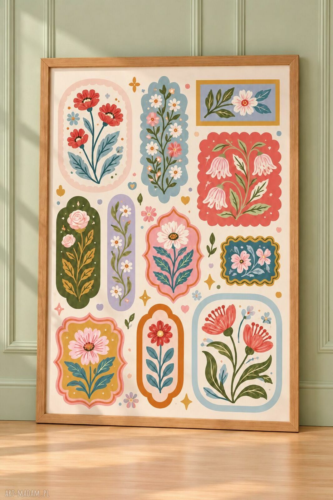 Kolorowa grafika patchwork 50x70 cm z kwiatami