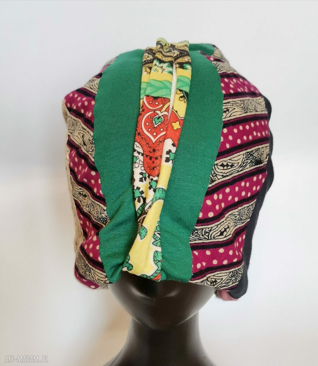 Czapka patchworkowa etno boho folk wiosenna na podszewce - wygodna i uniwersalna