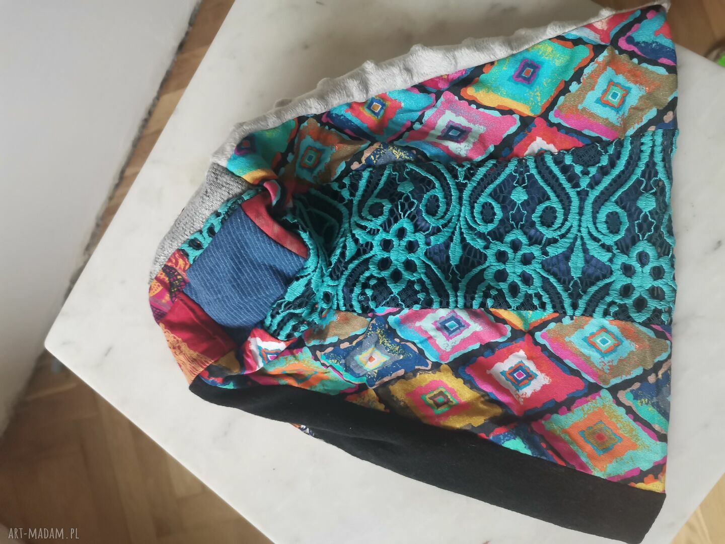 Czapka patchworkowa Boho Etno-Folk z motywem roweru na podszewce - rozmiar uniwersalny