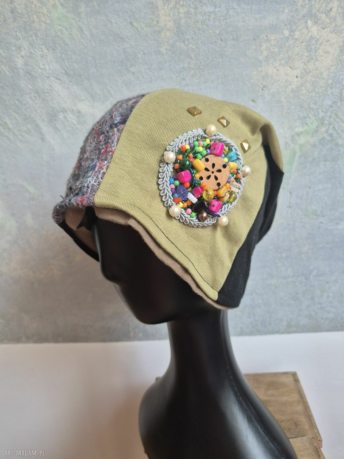 Czapka patchworkowa Smerfetka - boho folk na podszewce, wiosenna i uniwersalna