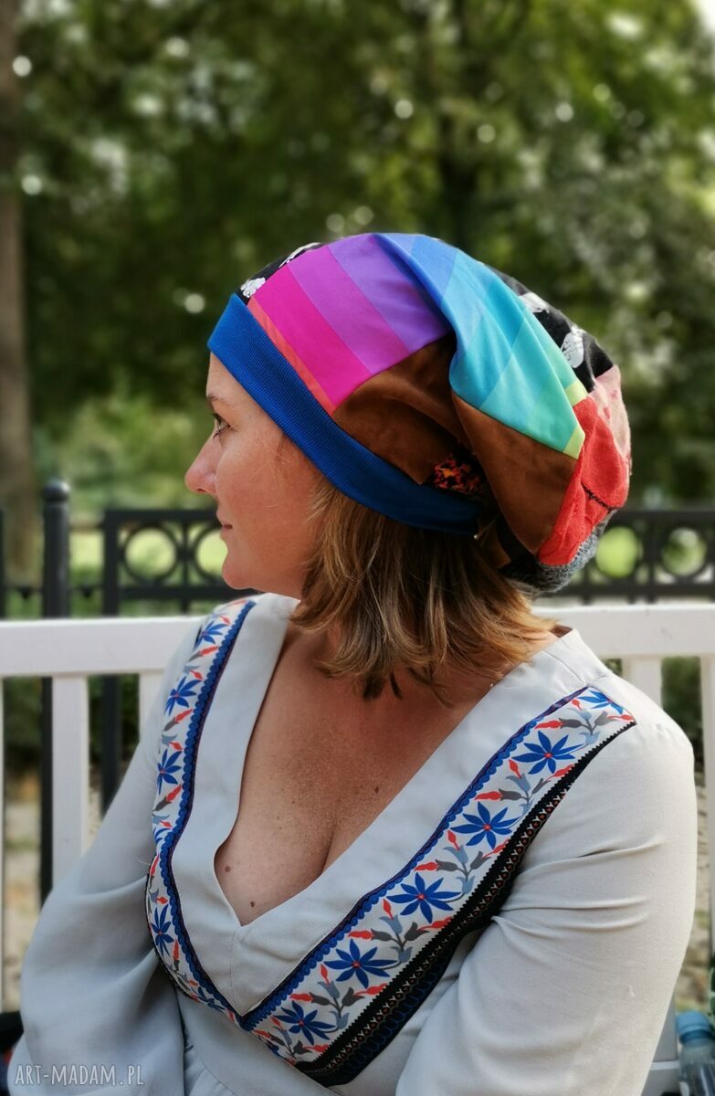 Czapka patchworkowa etno boho folk na podszewce - rozmiar uniwersalny