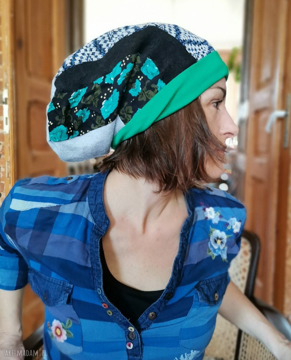Kolorowa czapka patchworkowa Smerfetka w stylu etno - one size