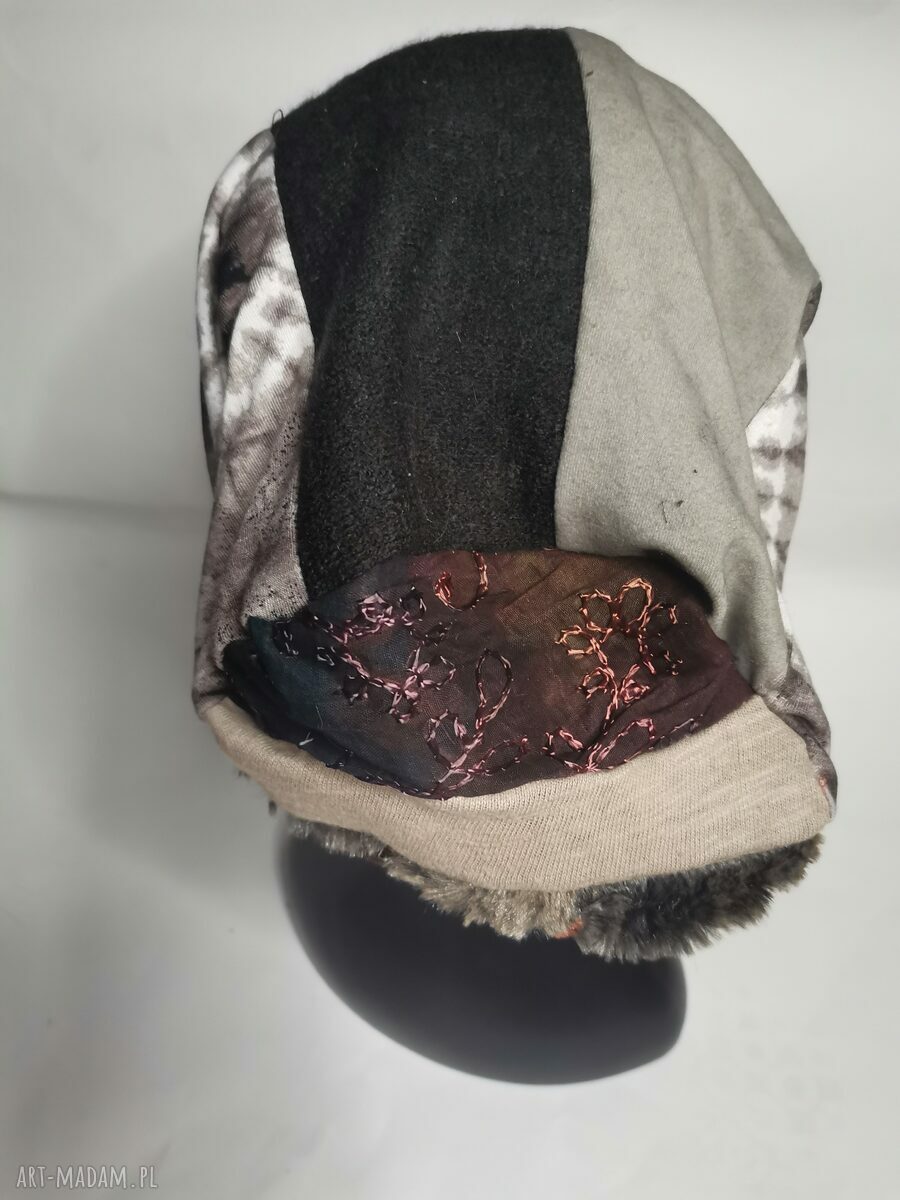 Kolorowa czapka patchworkowa Smerfetka na podszewce - ręcznie szyta w stylu boho