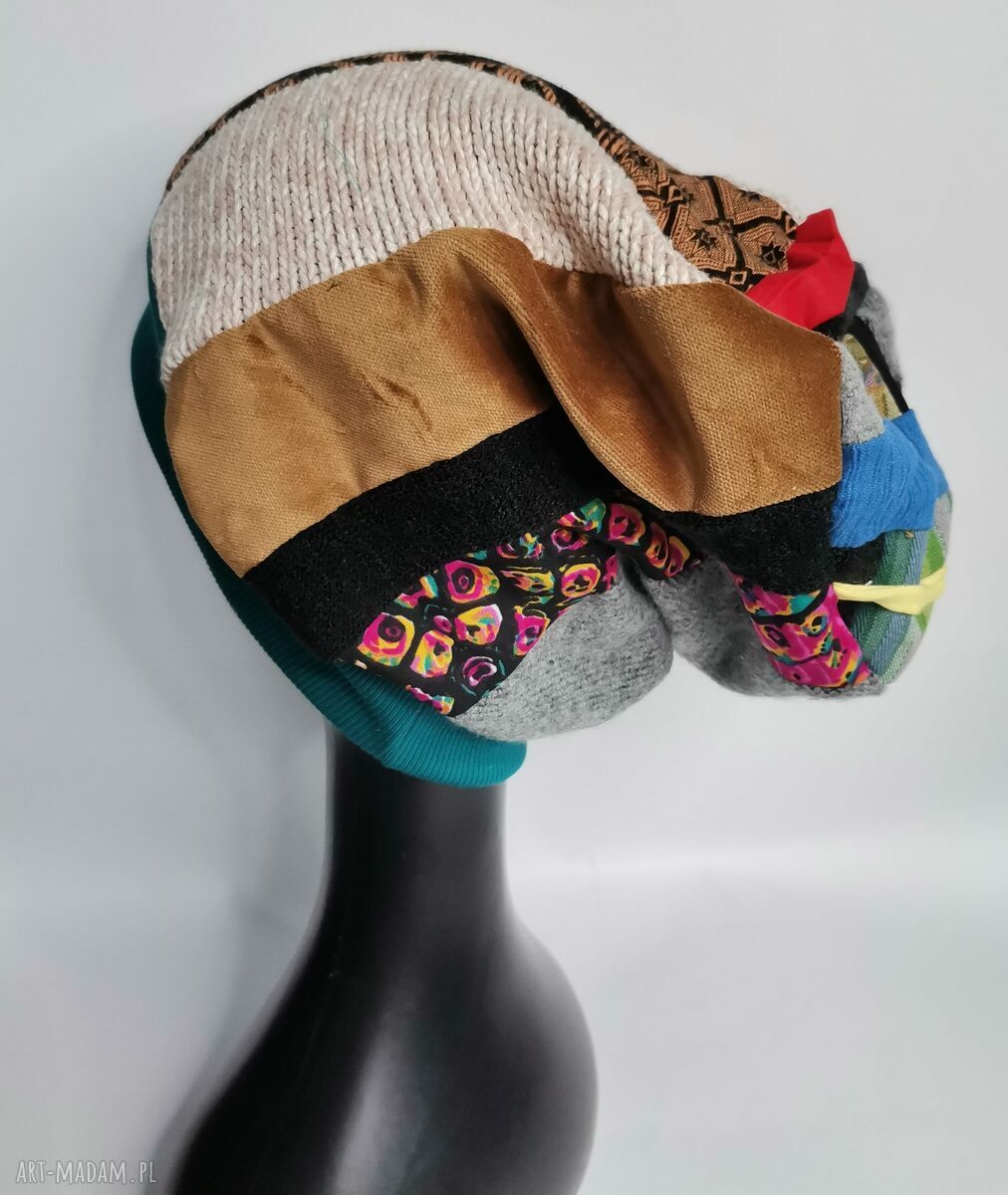 Czapka patchworkowa „Smerfetka” Frida - boho etno, kolorowe rolki i rower, rozmiar uniwersalny - ręczne wykonanie