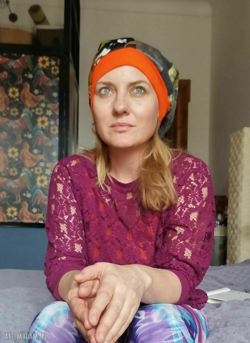Czapka patchworkowa turbanowa na podszewce Smerfetka - rozmiar uniwersalny