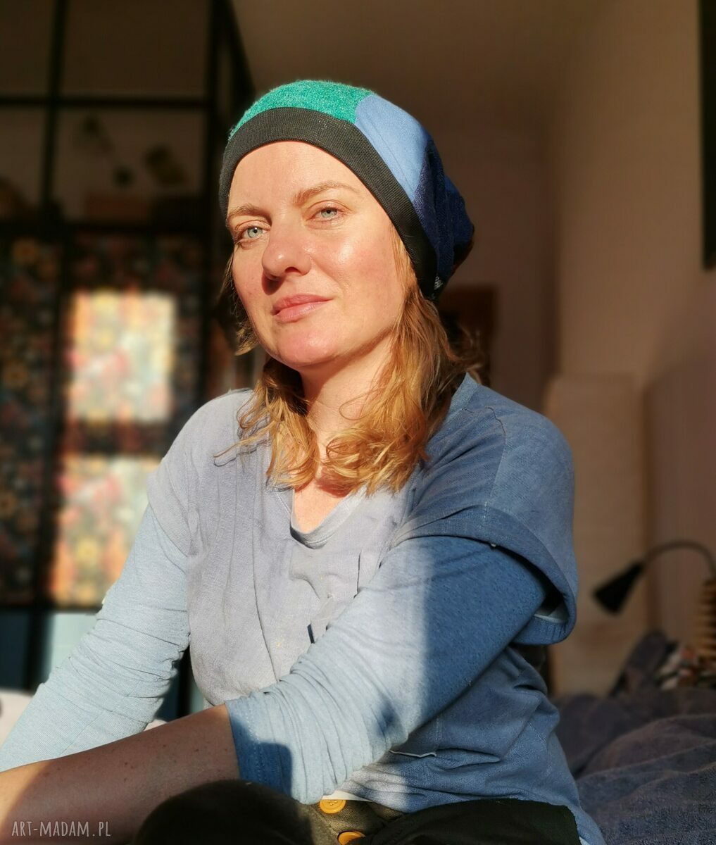 Czapka patchworkowa boho Frida z frędzlami - na podszewce, rozmiar uniwersalny
