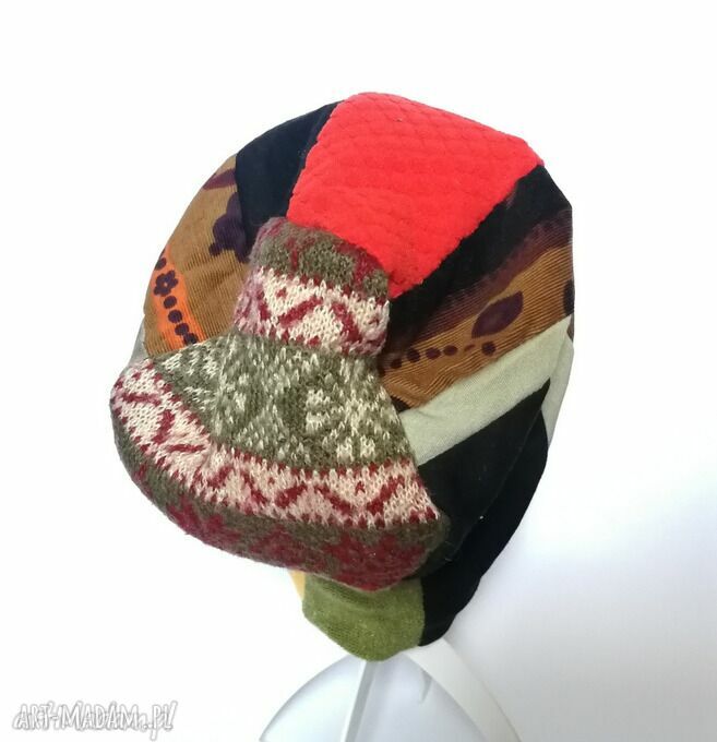 Czapka patchworkowa Boho z wełny - długa na podszewce (59-61 cm)