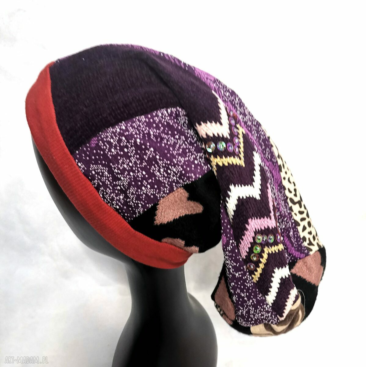 Czapka patchworkowa turbanowa folk boho z frędzlami - ciepła na podszewce