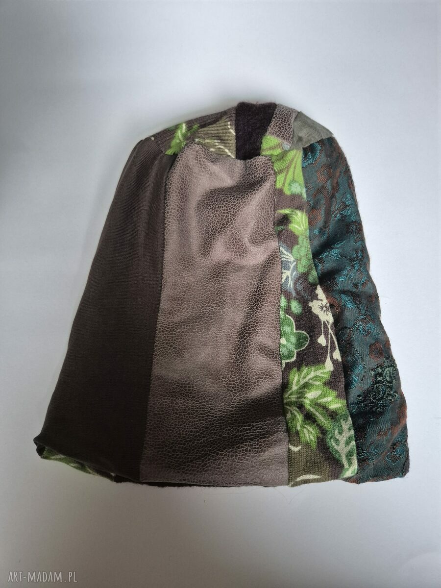 Czapka Frida patchworkowa w kolorach jesieni (M, 55-57 cm) - ręcznie robiona
