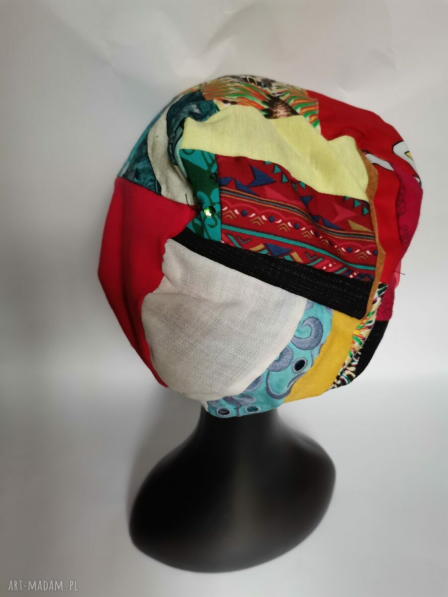 Czapka patchworkowa Smerfetka boho - Frida rower, frędzle, uniwersalna (na podszewce)