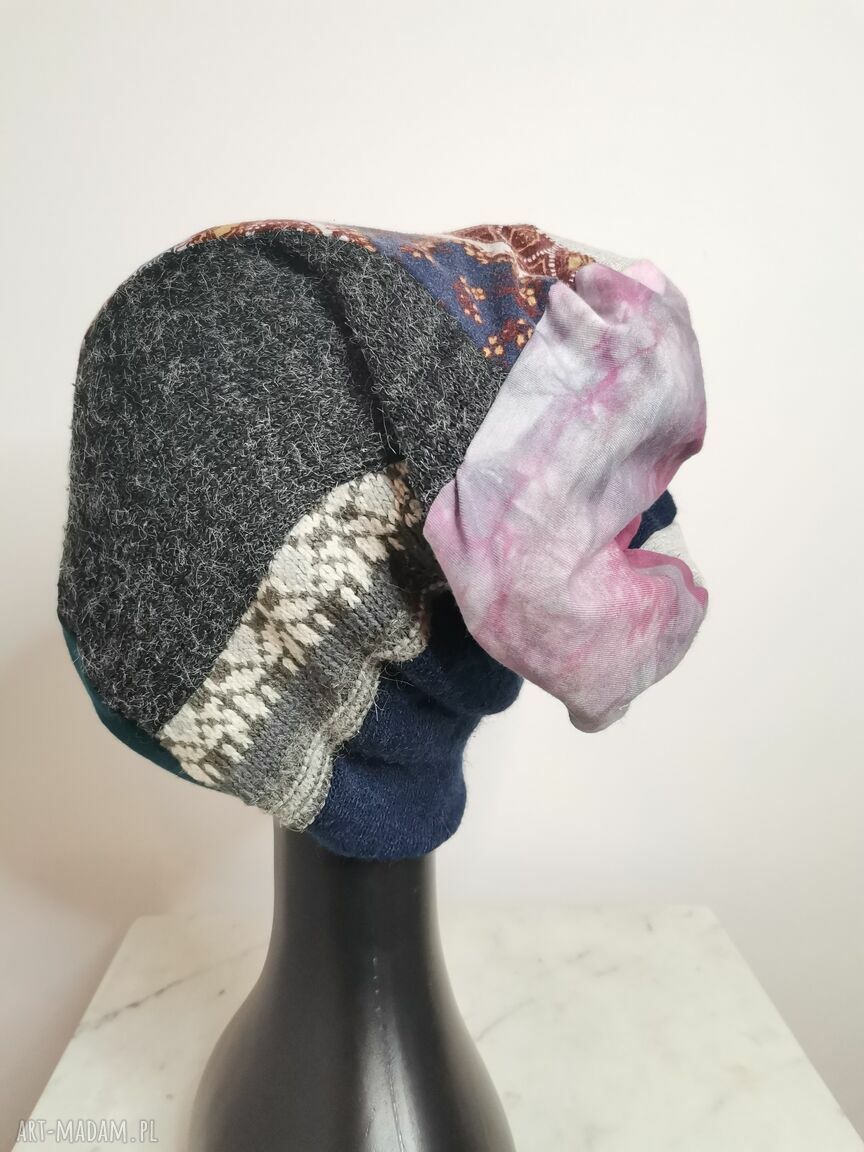 Czapka patchworkowa długa folk i Frida - etno boho z frędzlami na podszewce