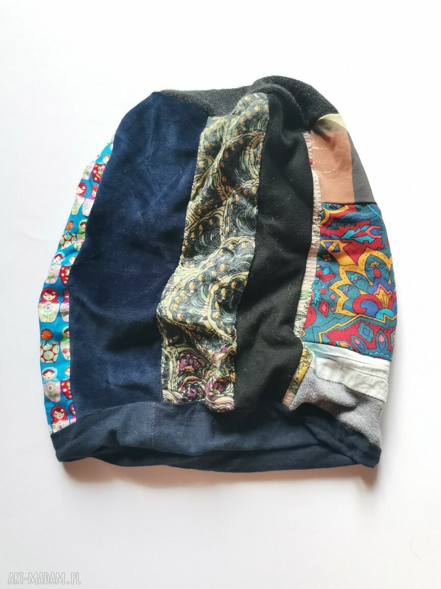 Kolorowa czapka patchworkowa na podszewce - boho folk Ruda Klara