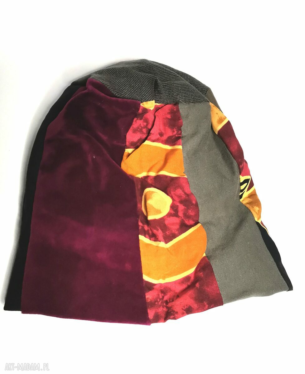 Czapka patchworkowa boho folk z podszewką - rozmiar uniwersalny 58-59 cm