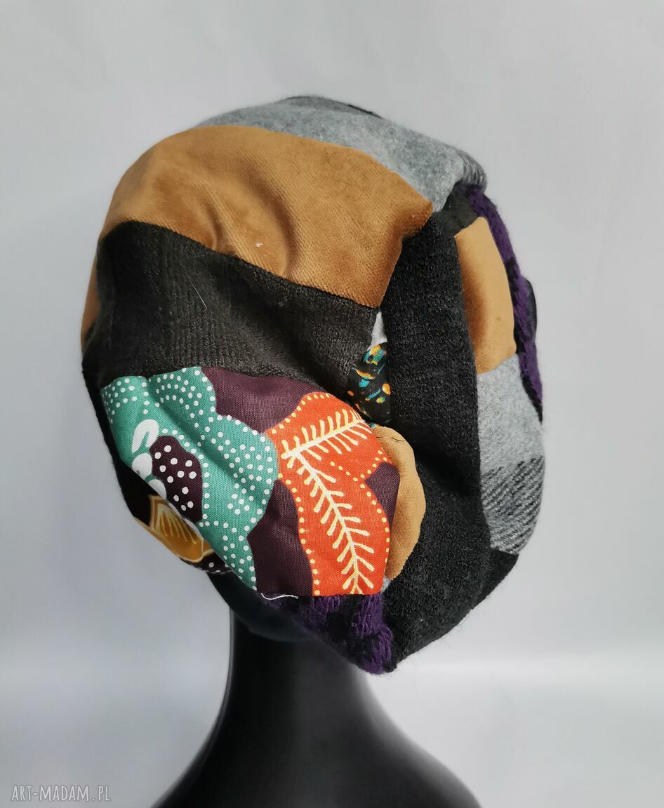 Czapka patchworkowa turbanowa etno boho - podszewka smerfetka, rozmiar uniwersalny