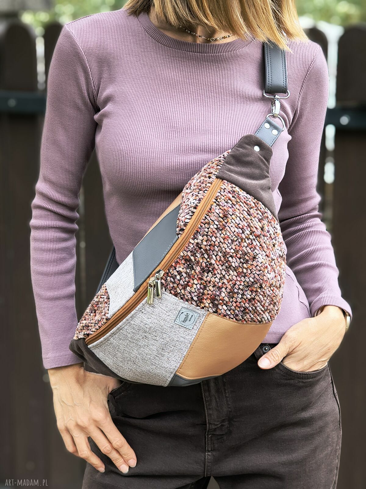 Patchworkowa damska nerka XXL z weluru - handmade