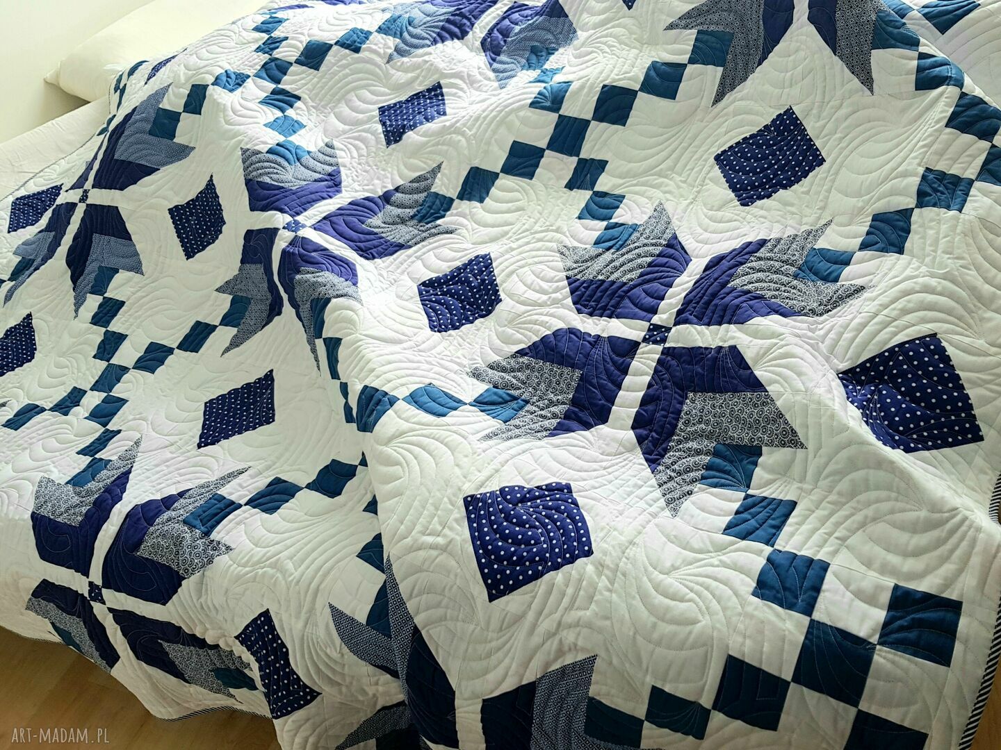 Patchworkowa narzuta w granacie 190x230 cm - efekt shibori (handmade)