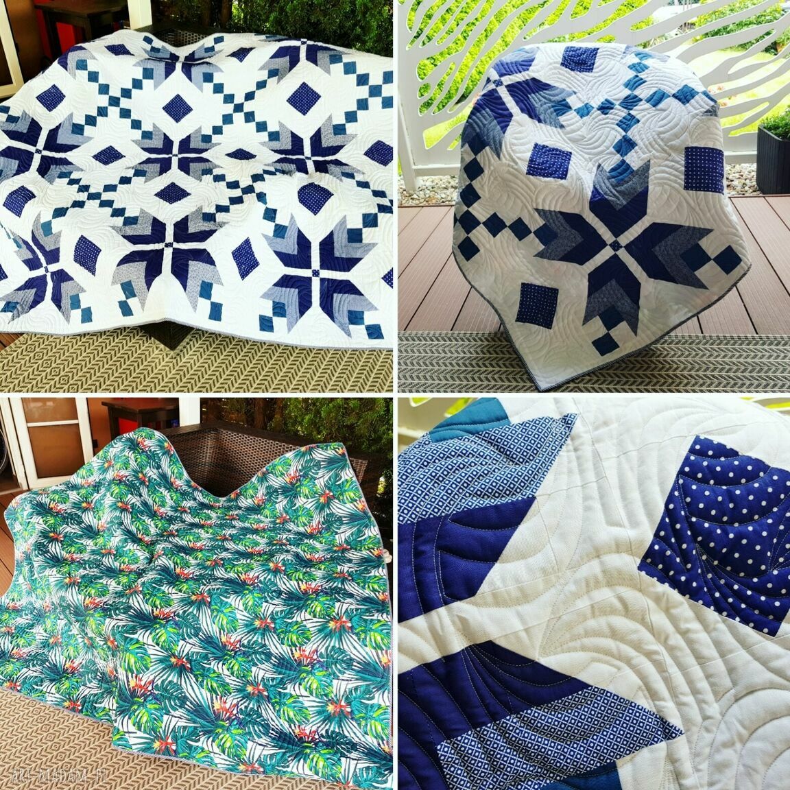Patchworkowa narzuta w granacie 190x230 cm - efekt shibori (handmade)
