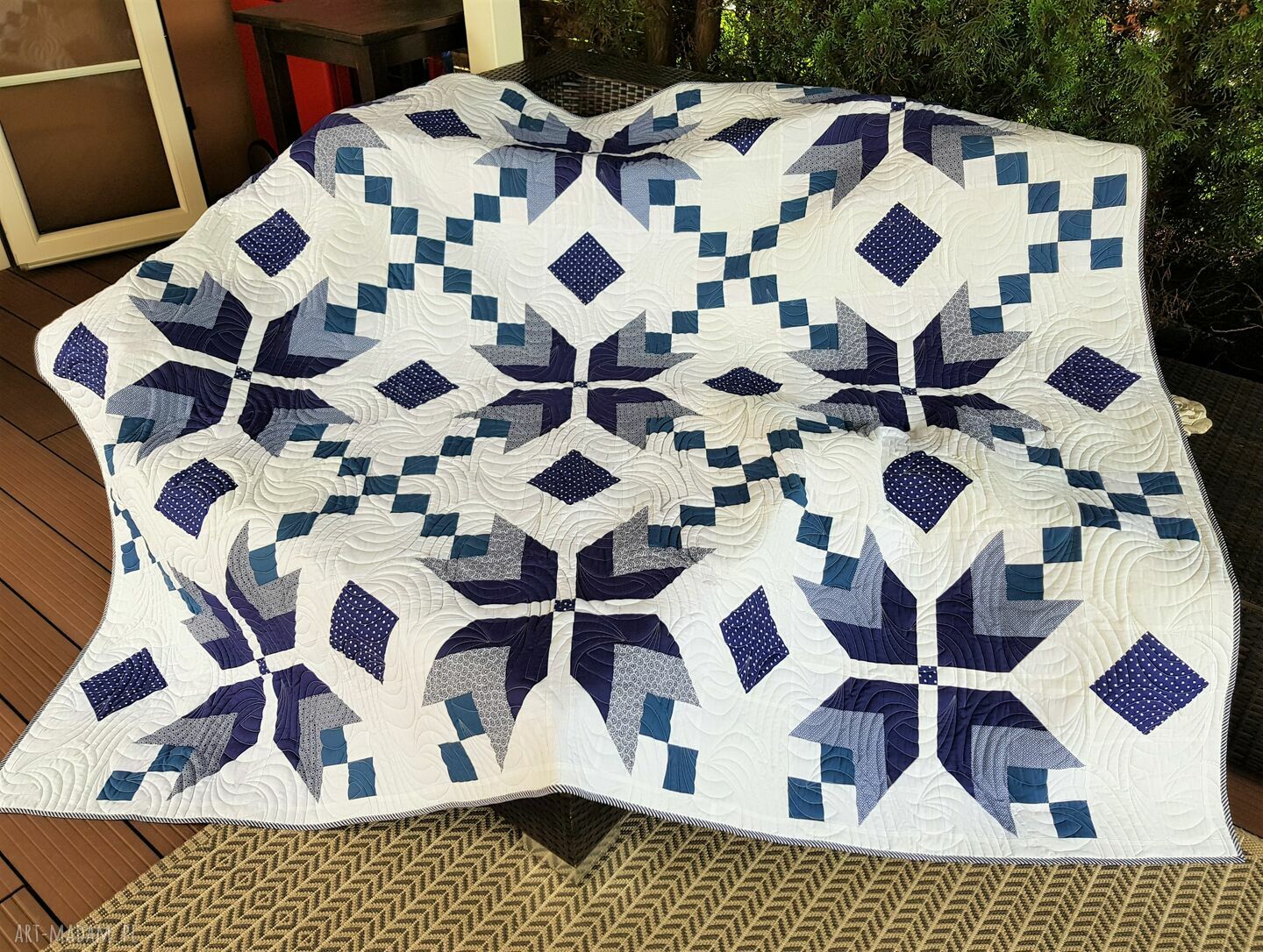 Patchworkowa narzuta w granacie 190x230 cm - efekt shibori (handmade)