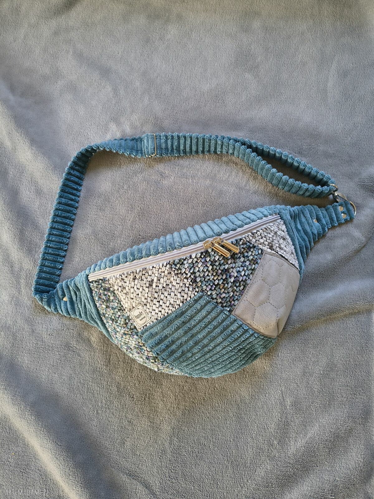 Patchworkowa welurowa nerka XXL szaro-turkusowa - handmade