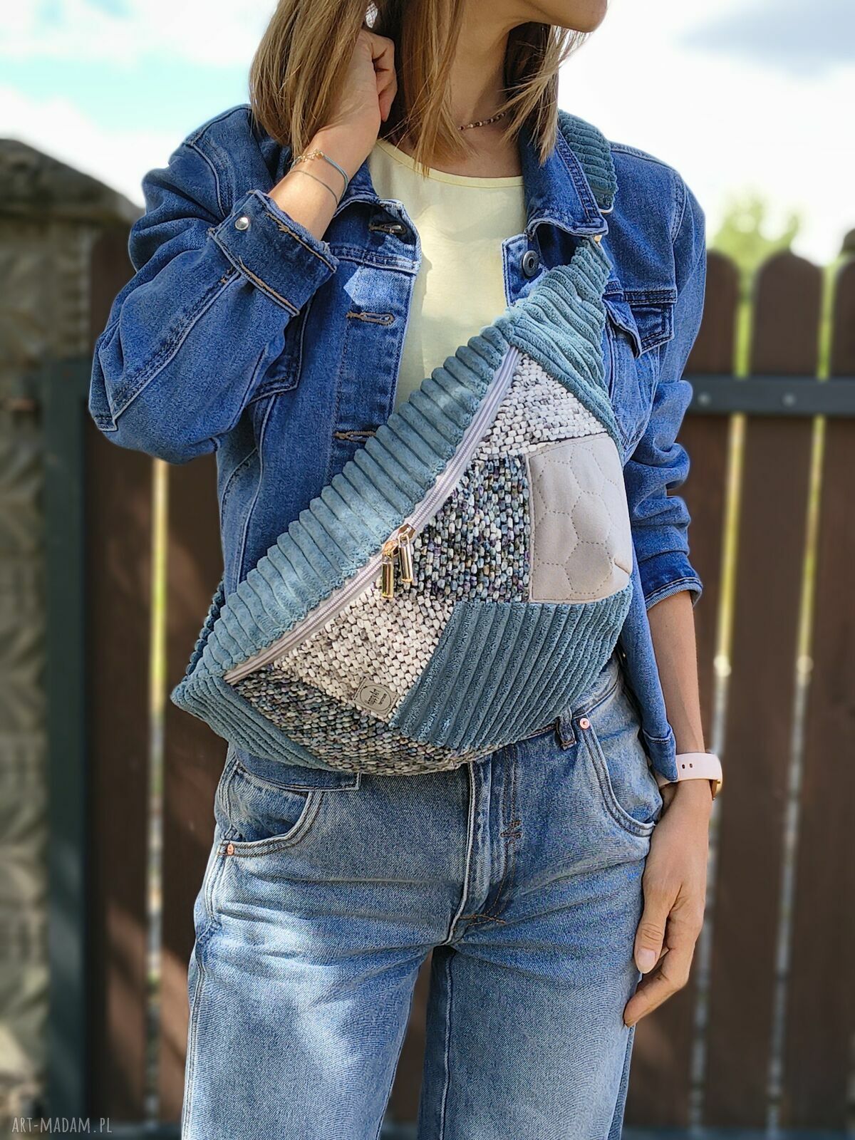 Patchworkowa welurowa nerka XXL szaro-turkusowa - handmade